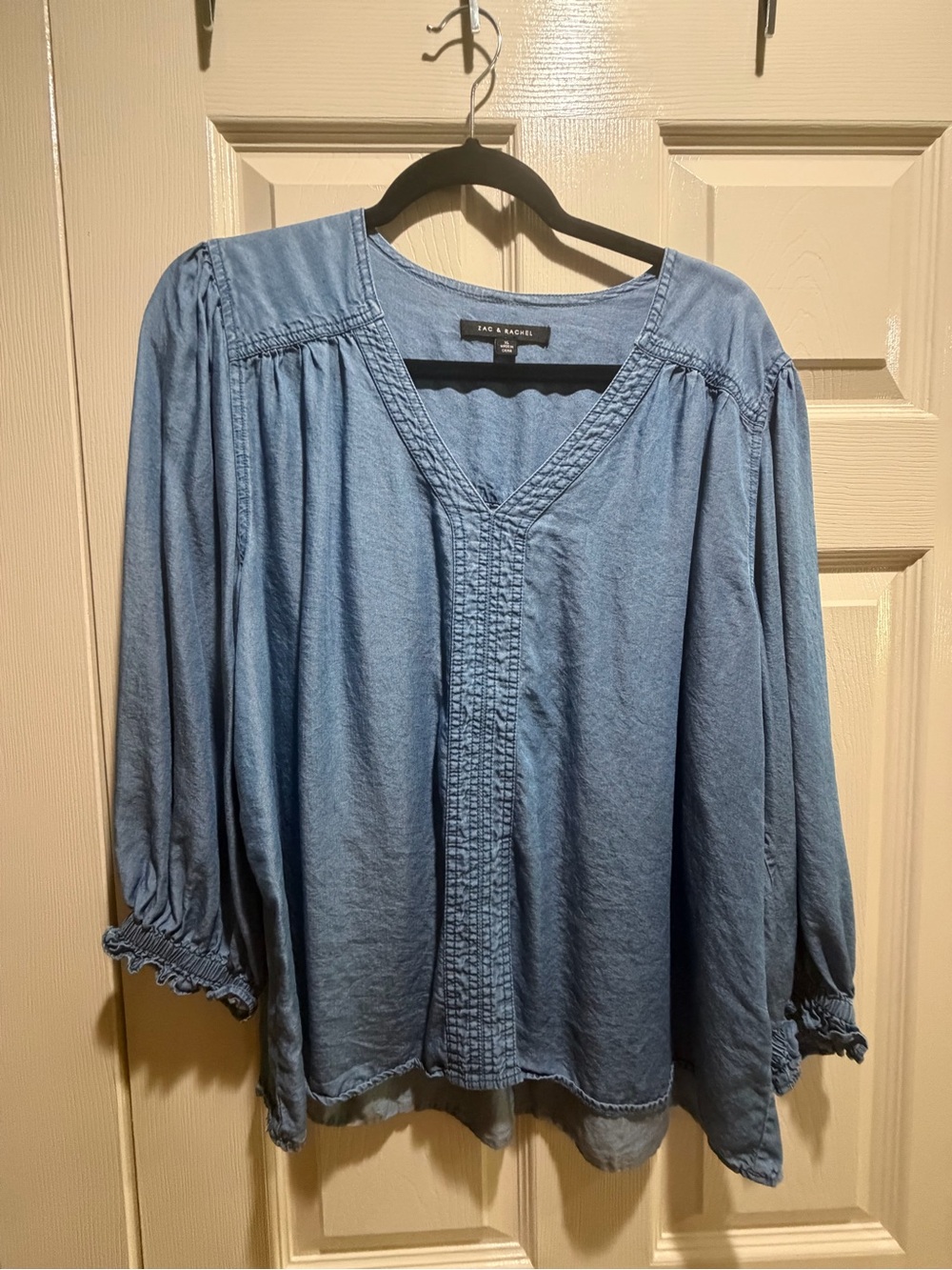 Zac & Rachel Light Blue V-Neck Pintuck Chambray Blouse